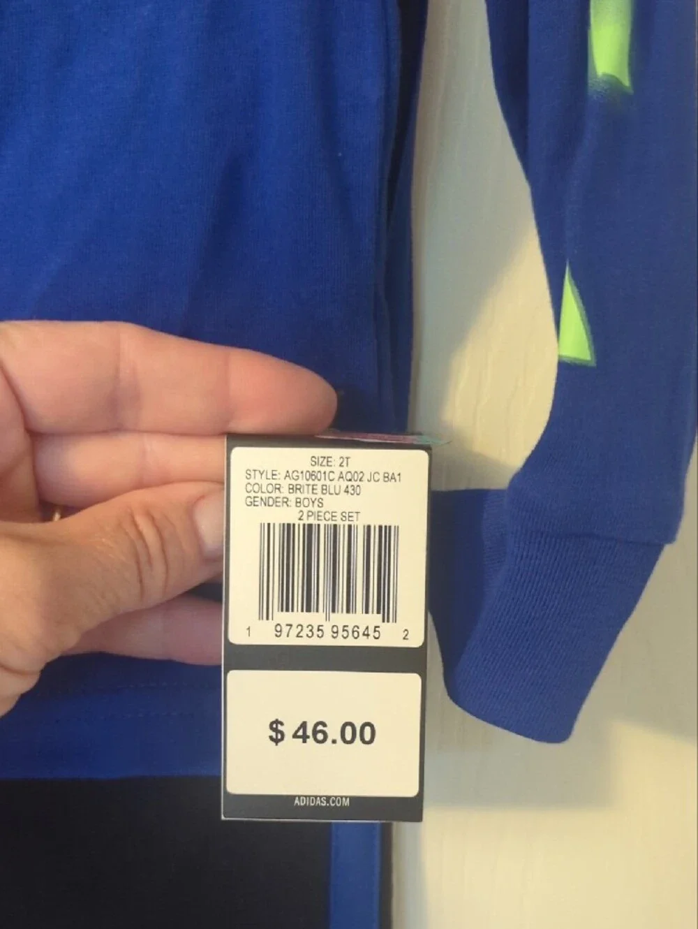 adidas Royal Blue Long-Sleeve Top with Neon Green Logo and Black Pants